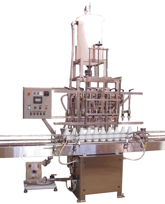 Bottom Fill to Level Automatic Straight Line Liquid Filler by Packaging Dynamics, Ltd. - Manufacturer of Automatic & Semi-Automatic Liquid fillers, Conveyors, Unscramblers, Accumulators, and Custom Designed Packaging machinery & nozzles for liquids.
