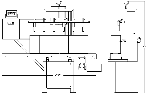 Fully Automatic Mass Flow Liquid Filler by Packaging Dynamics, Ltd. - Manufacturer of Automatic & Semi-Automatic Liquid fillers, Conveyors, Unscramblers, Accumulators, and Custom Designed Packaging machinery & nozzles for liquids.