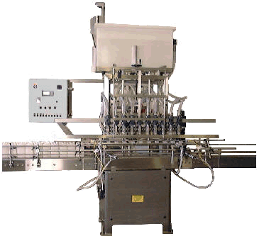 Fully Automatic Time Gravity Liquid Filler by Packaging Dynamics, Ltd. - Manufacturer of Automatic & Semi-Automatic Liquid fillers, Conveyors, Unscramblers, Accumulators, and Custom Designed Packaging machinery & nozzles for liquids.