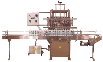 Semi Automatic Liquid Filler with Power Conveyor by Packaging Dynamics, Ltd. - Manufacturer of Automatic & Semi-Automatic Liquid fillers, Conveyors, Unscramblers, Accumulators, and Custom Designed Packaging machinery & nozzles for liquids.